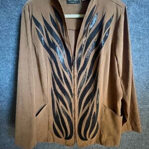 Classic Bob Mackie wearable art Brown and Black Blazer with Feather Design